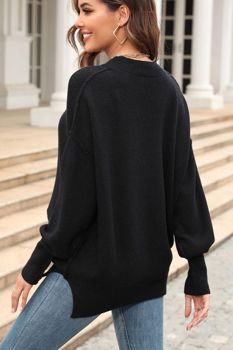 WOMEN OVERSIZED BOYFRIEND BASIC PULLOVER SWEATER - Doublju