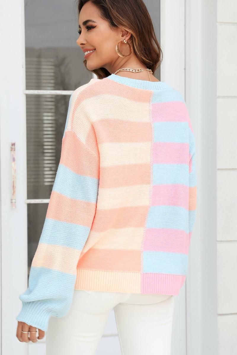 SPLICED STRIPED LOOSE KNIT PULLOVER SWEATER - Doublju