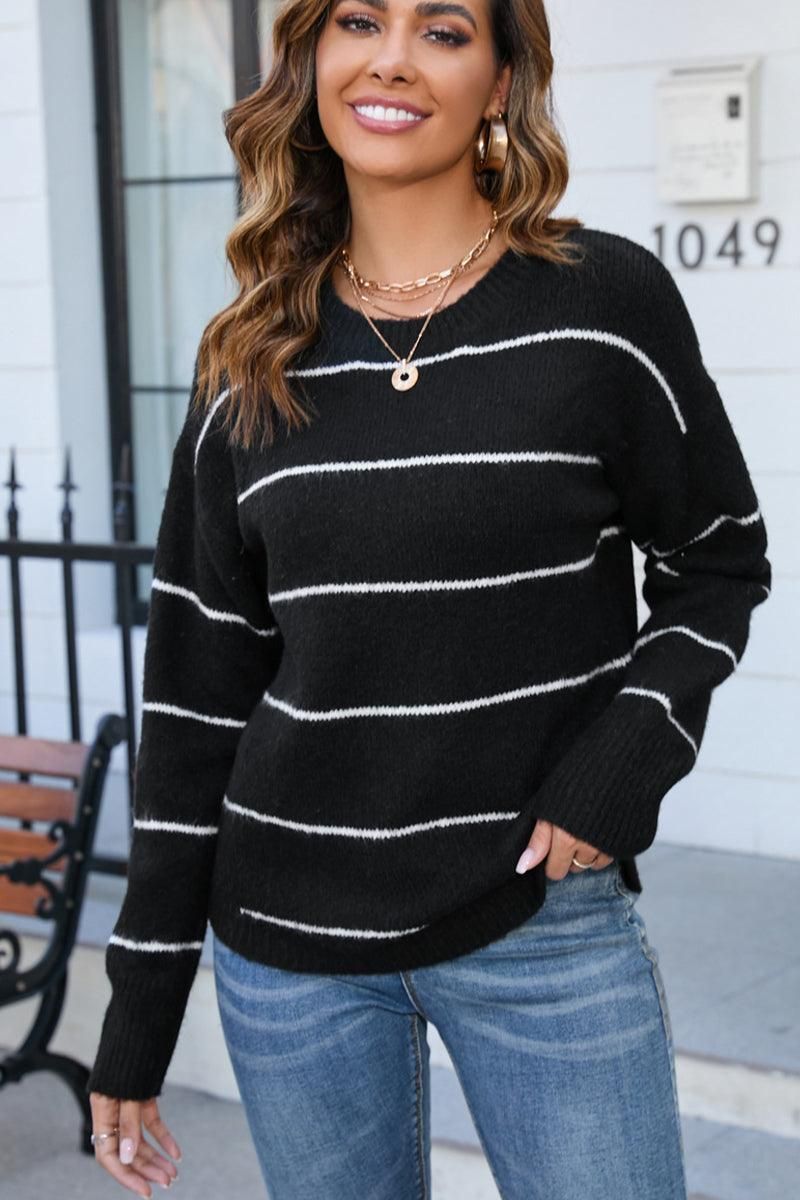 STRIPE KNIT PULL OVER SWEATER TOP - Doublju