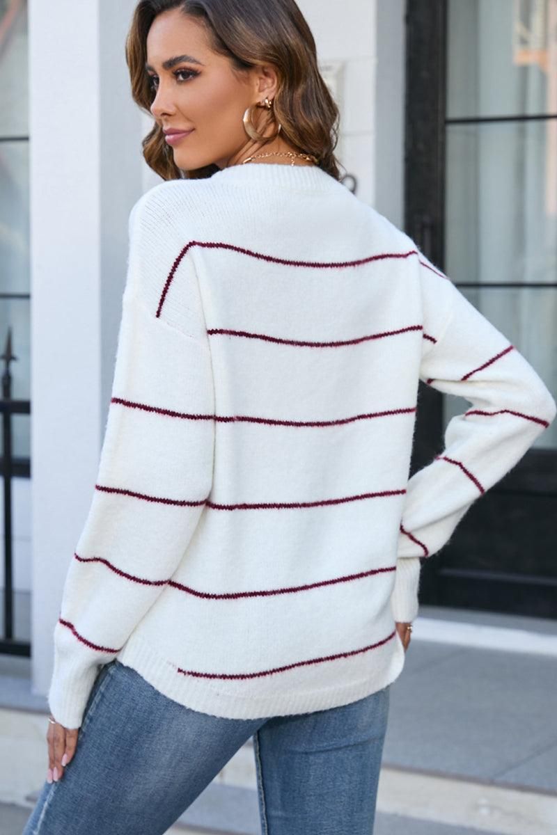 STRIPE KNIT PULL OVER SWEATER TOP - Doublju