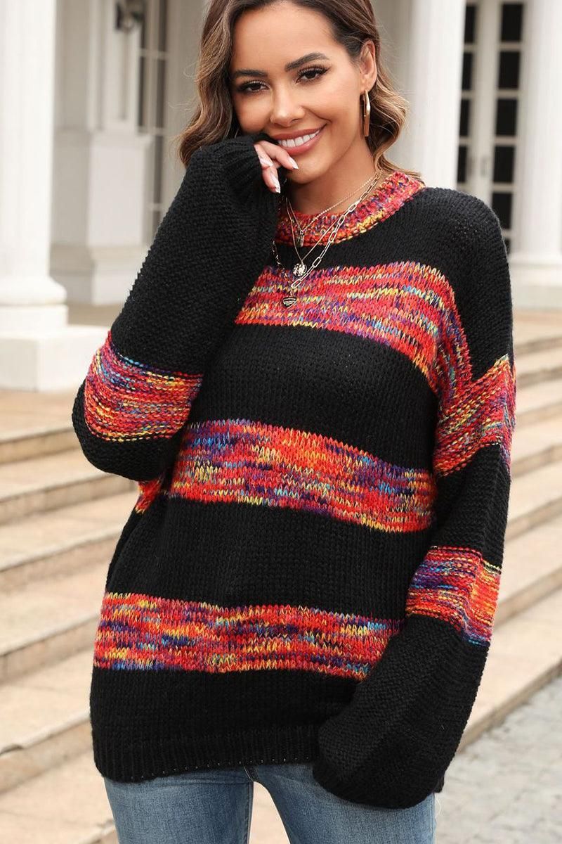 COLOR BLOCK OVERSIZED LOOSE FIT PULLOVER SWEATER - Doublju