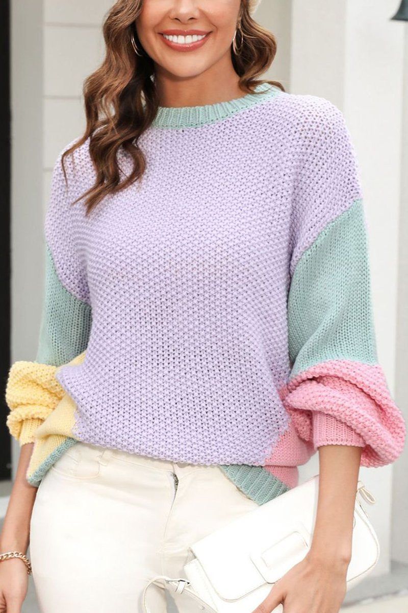 WOMEN LOOSE FIT COLOR BLOCK PULLOVER SWEATER