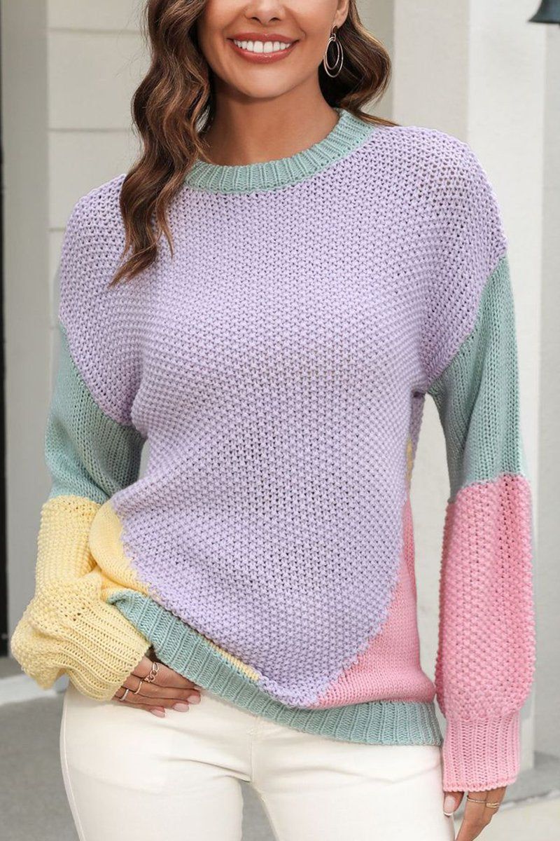 WOMEN LOOSE FIT COLOR BLOCK PULLOVER SWEATER