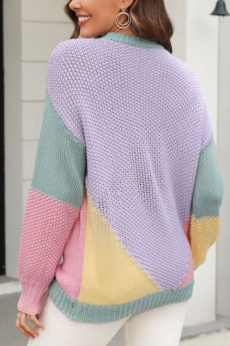 WOMEN LOOSE FIT COLOR BLOCK PULLOVER SWEATER