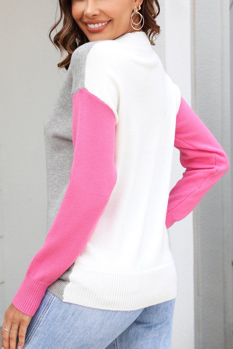 WOMEN COLORED SLEEVE ROUND NECK KNIT SWEATER