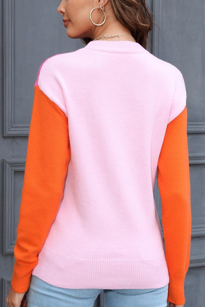 WOMEN COLORED SLEEVE ROUND NECK KNIT SWEATER