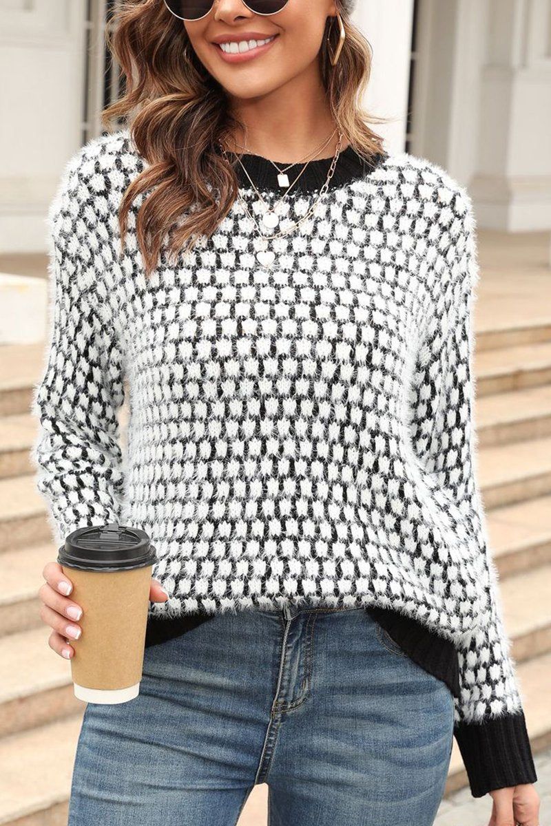 CONTRAST LARGE ROUND NECK LONG SLEEVE SWEATER