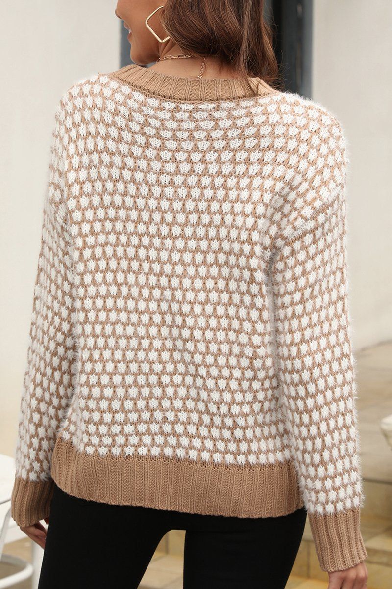 CONTRAST LARGE ROUND NECK LONG SLEEVE SWEATER