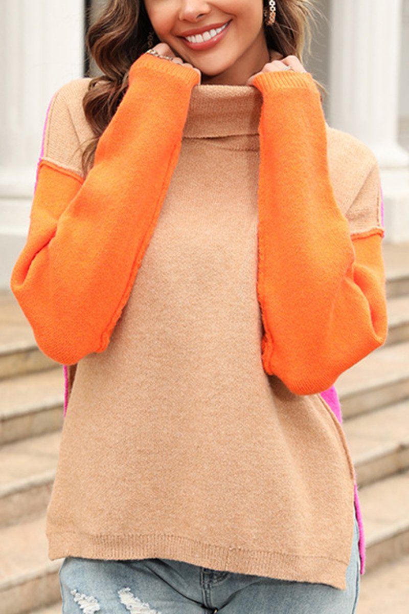 SPLICED FASHION HIGH NECK PULLOVER SWEATER