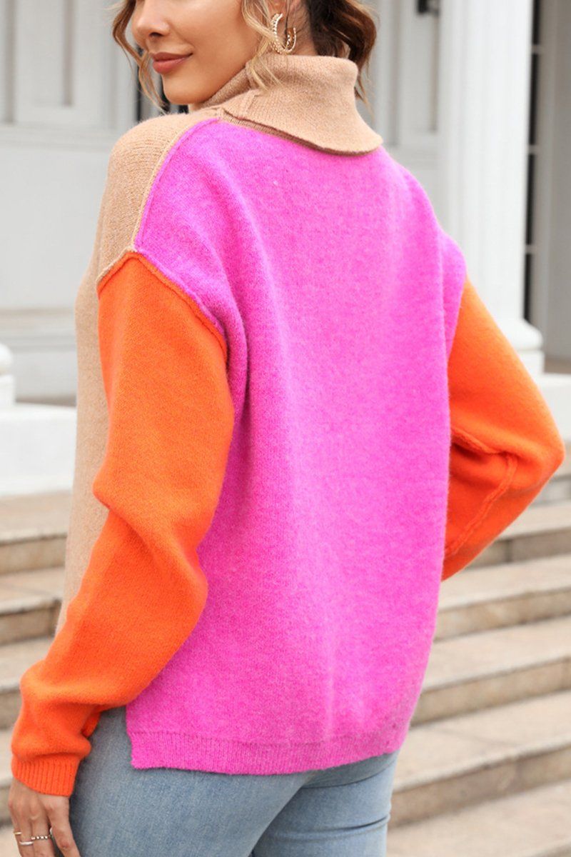 SPLICED FASHION HIGH NECK PULLOVER SWEATER