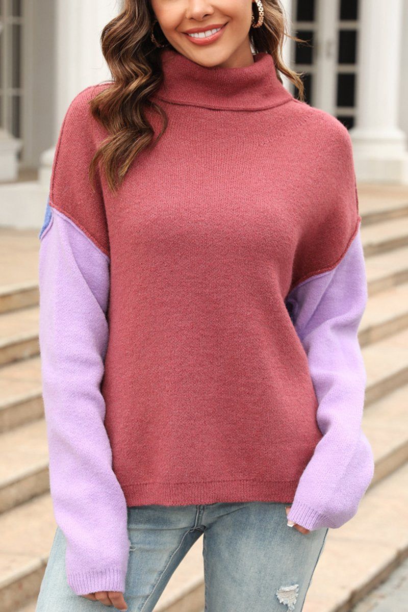 SPLICED FASHION HIGH NECK PULLOVER SWEATER