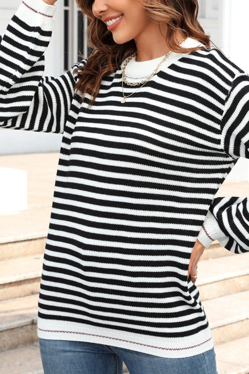 WOMEN STRIPED CONTRAST LONG SLEEVED KNIT TOP