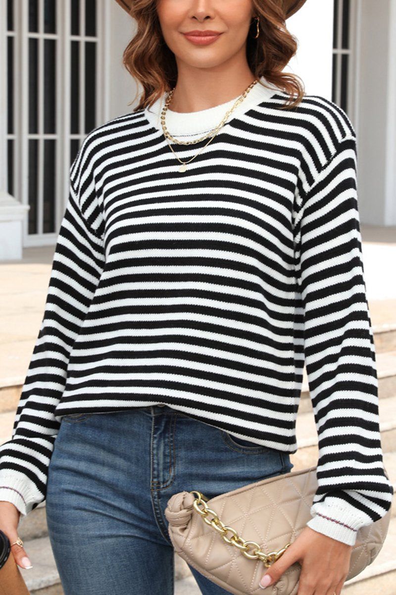 WOMEN STRIPED CONTRAST LONG SLEEVED KNIT TOP