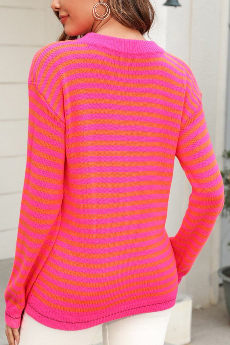 WOMEN STRIPED CONTRAST LONG SLEEVED KNIT TOP