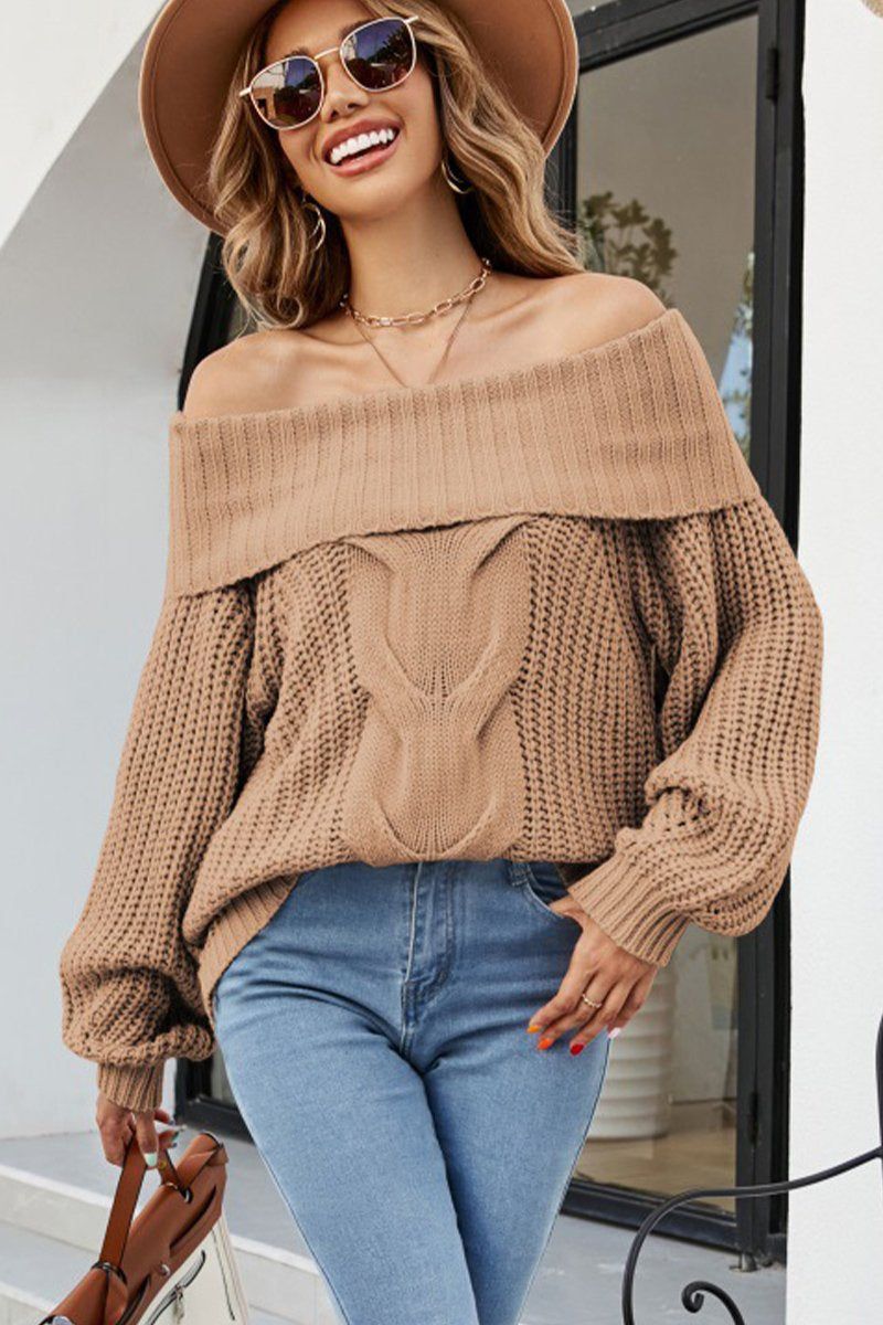 WOMEN OFF SHOULDER CABLE KNIT OVERSIZE SWEATER