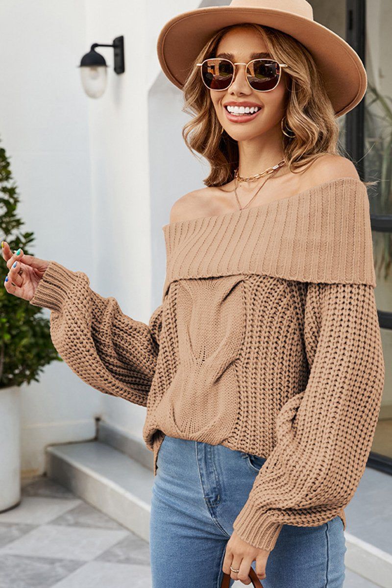 WOMEN OFF SHOULDER CABLE KNIT OVERSIZE SWEATER