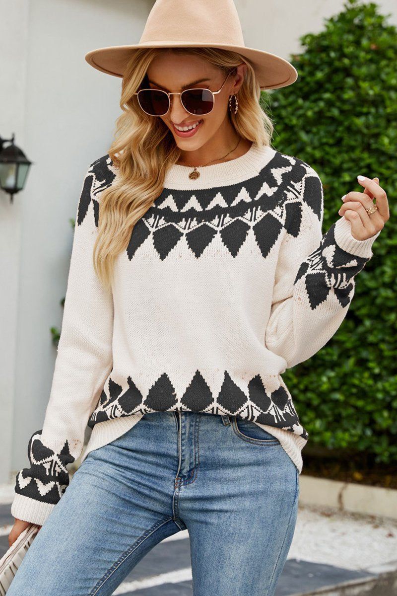 WOMEN WESTERN CREW NECK PULLOVER SWEATER