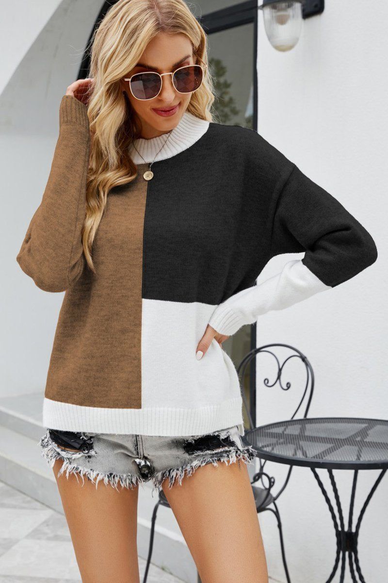 WOMEN HIGH NECK COLOR BLOCKED PULLOVER SWEATER