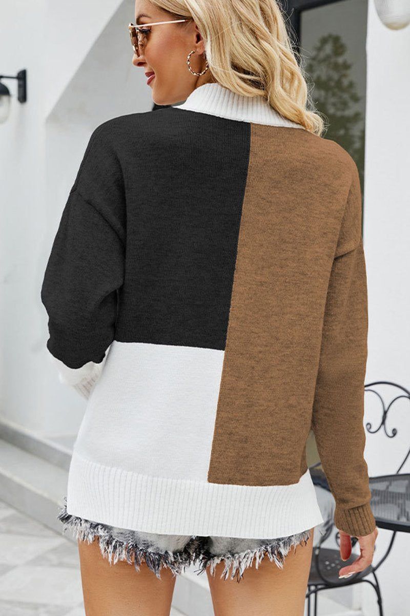 WOMEN HIGH NECK COLOR BLOCKED PULLOVER SWEATER
