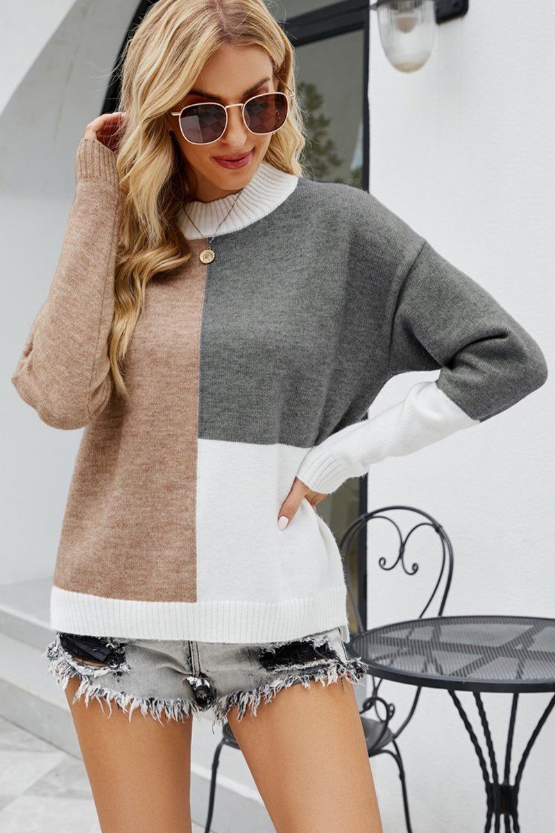 WOMEN HIGH NECK COLOR BLOCKED PULLOVER SWEATER