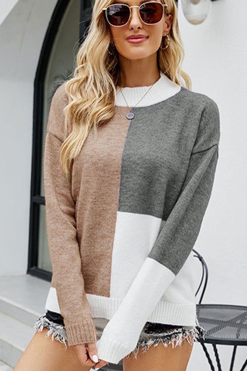 WOMEN HIGH NECK COLOR BLOCKED PULLOVER SWEATER