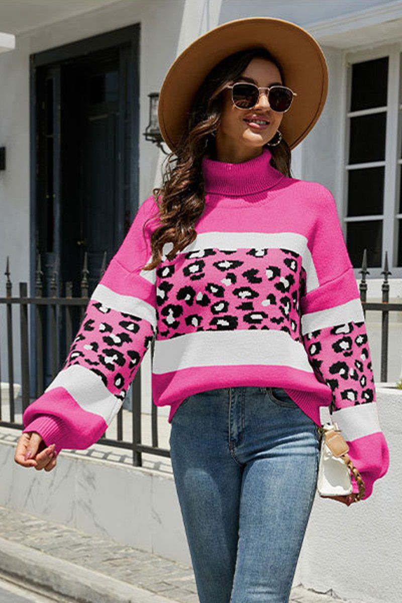 HIGH COLLAR LEOPARD PATTERN CONTRAST SWEATER TOP