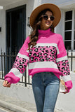 HIGH COLLAR LEOPARD PATTERN CONTRAST SWEATER TOP