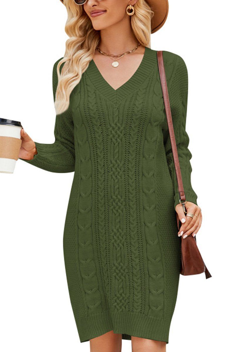 WOMEN CABLE KNIT V NECK SWEAT DRESS