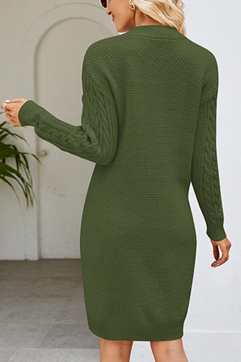 WOMEN CABLE KNIT V NECK SWEAT DRESS