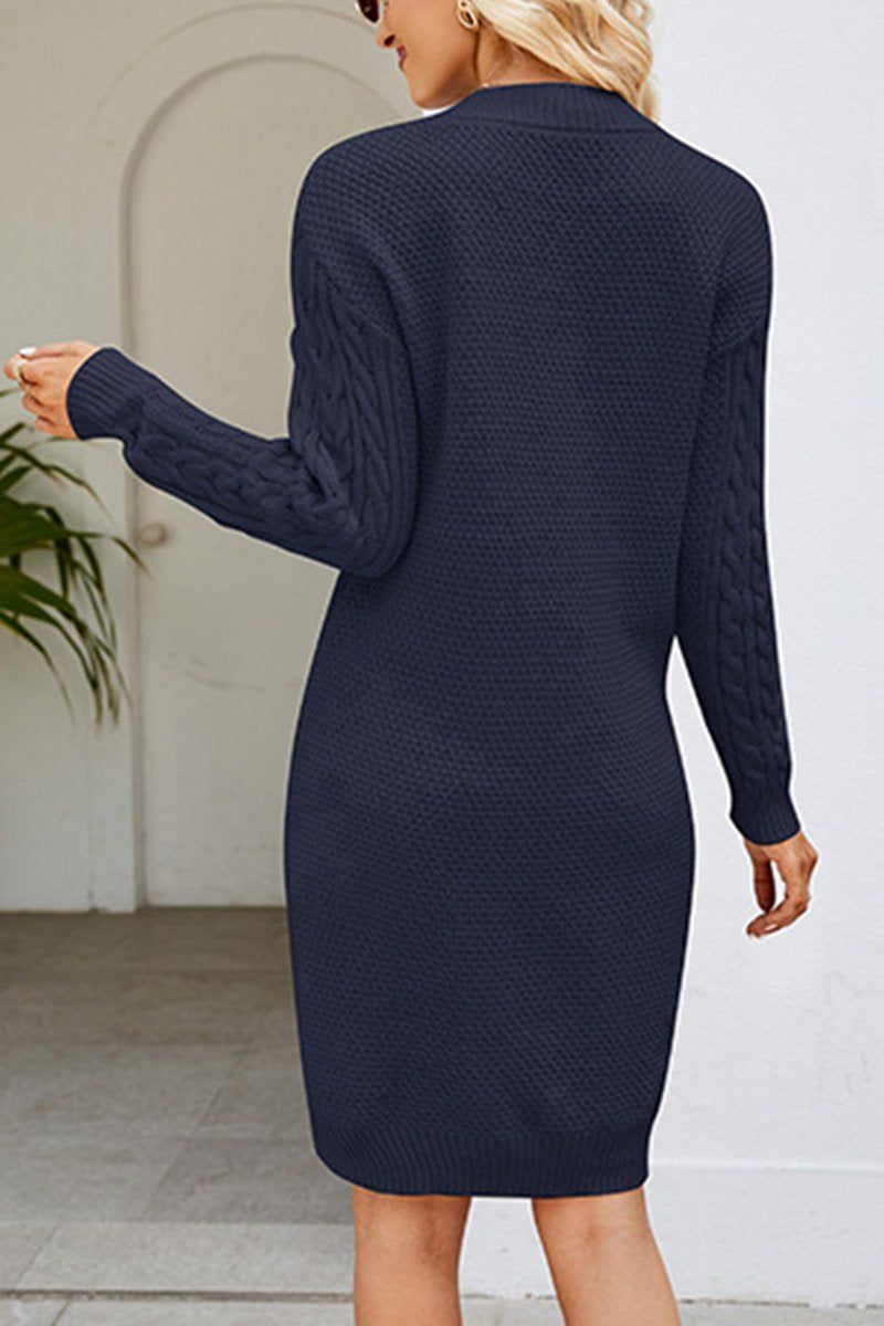 WOMEN CABLE KNIT V NECK SWEAT DRESS