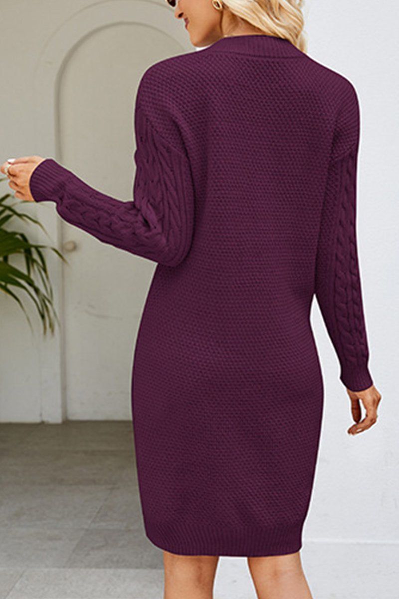 WOMEN CABLE KNIT V NECK SWEAT DRESS