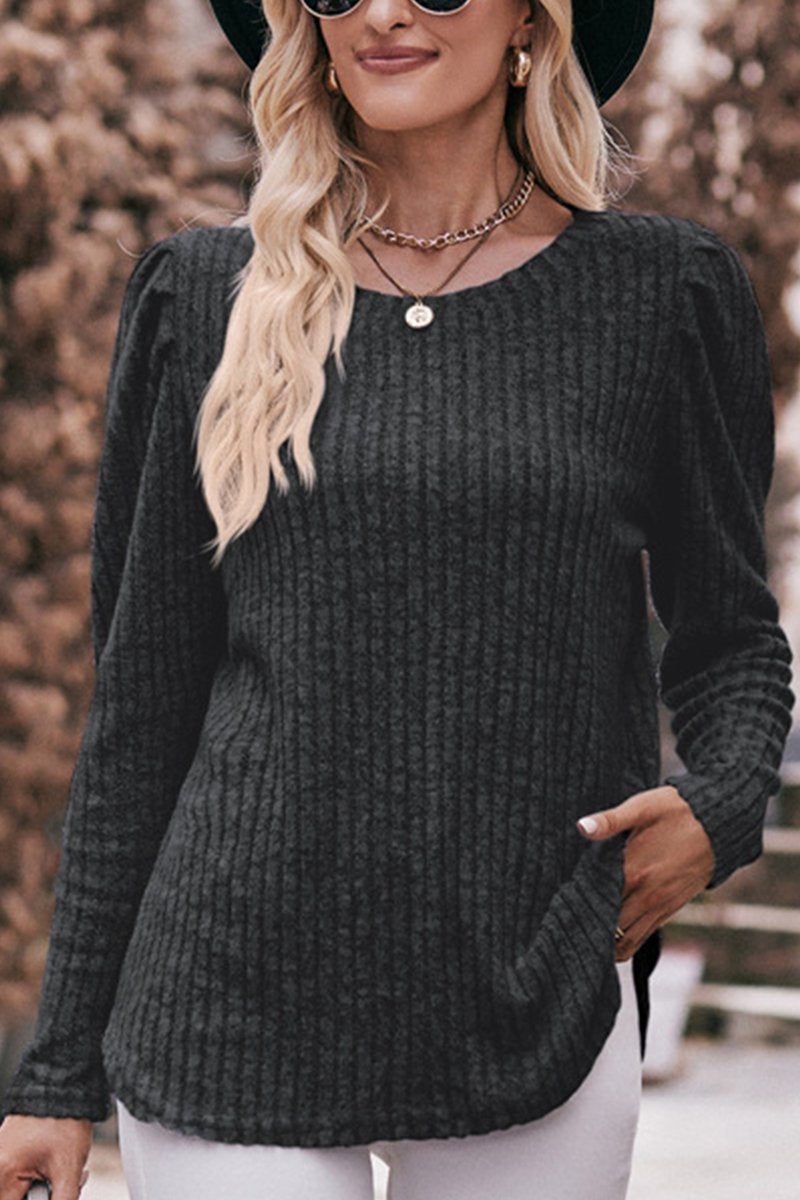 WOMEN CORDUROY ROUND NECK KNIT SWEATER