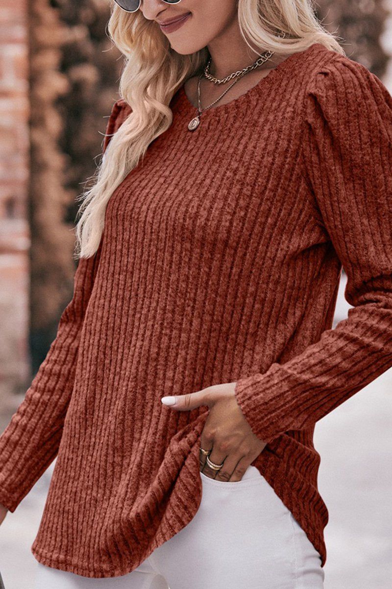 WOMEN CORDUROY ROUND NECK KNIT SWEATER