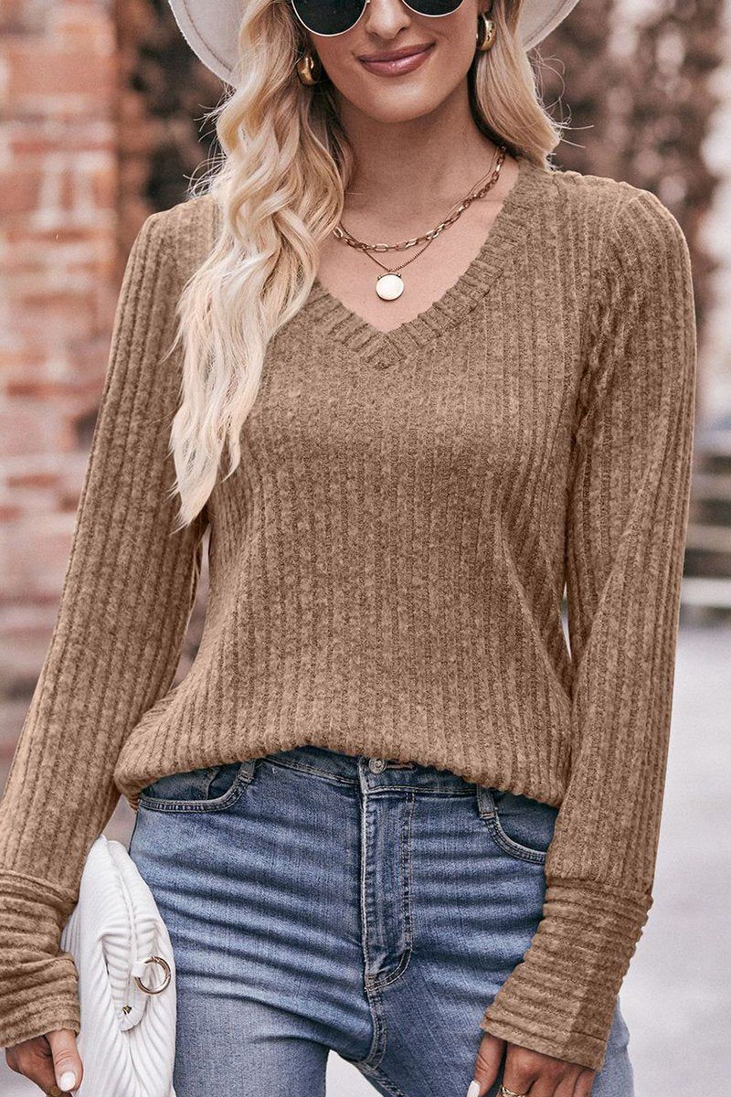 WOMEN RIBBED V NECK CORDUROY WARM SWEATER