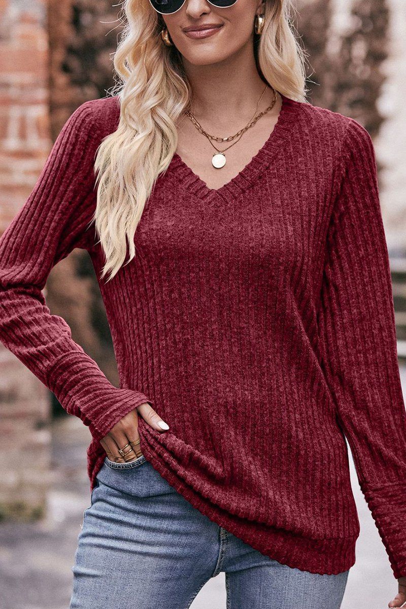 WOMEN RIBBED V NECK CORDUROY WARM SWEATER