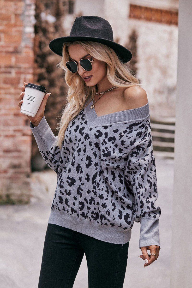 WOMEN LOOSE RIBBED NECK LEOPARD PULLOVER