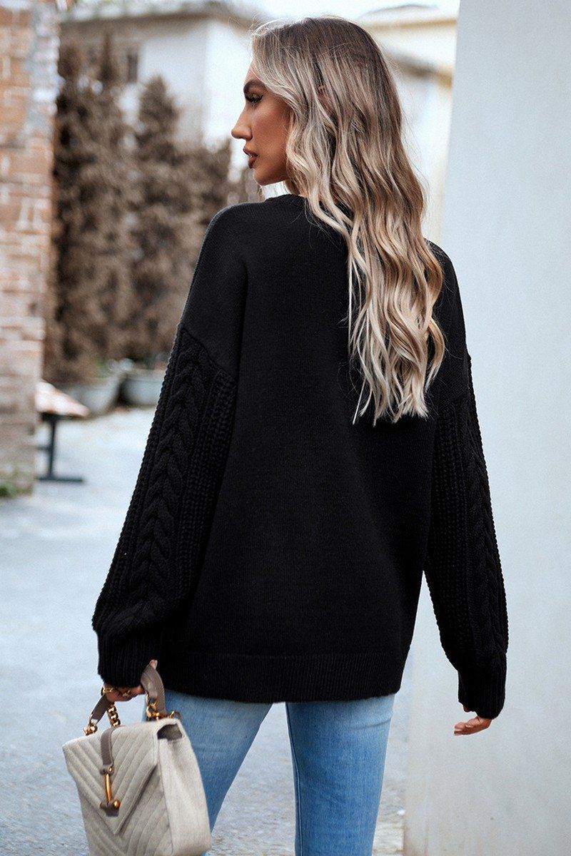 WOMEN SOLID CABLE KNIT SLEEVE SWEATER