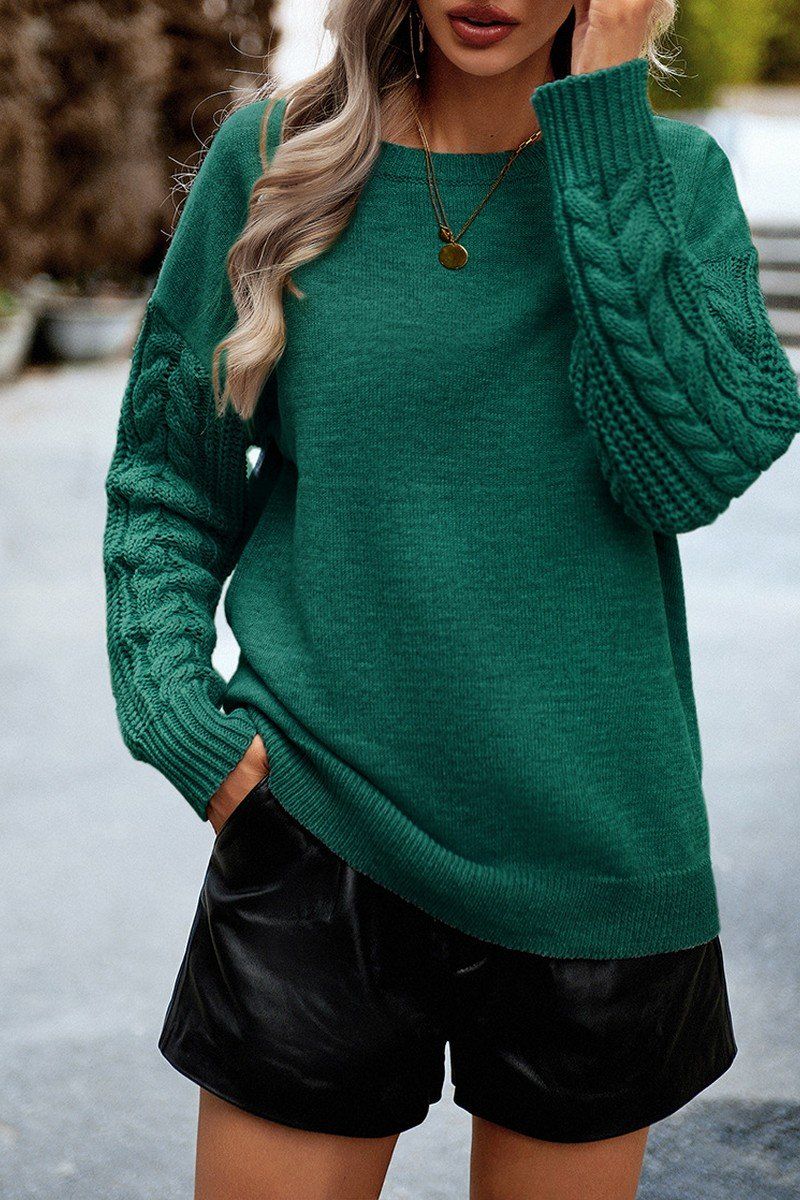 WOMEN SOLID CABLE KNIT SLEEVE SWEATER