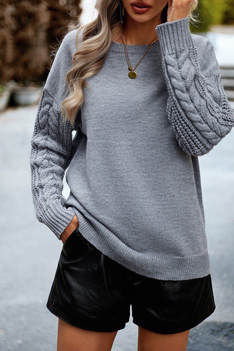 WOMEN SOLID CABLE KNIT SLEEVE SWEATER