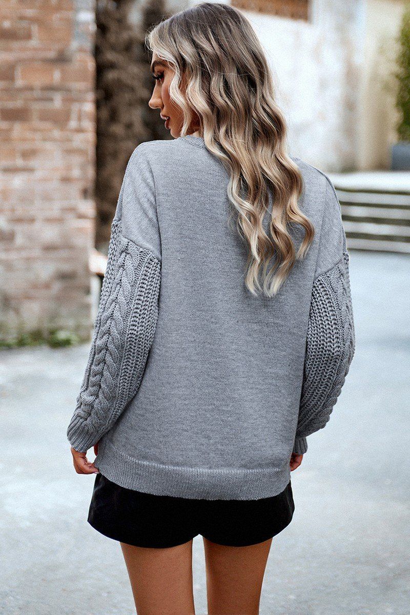 WOMEN SOLID CABLE KNIT SLEEVE SWEATER