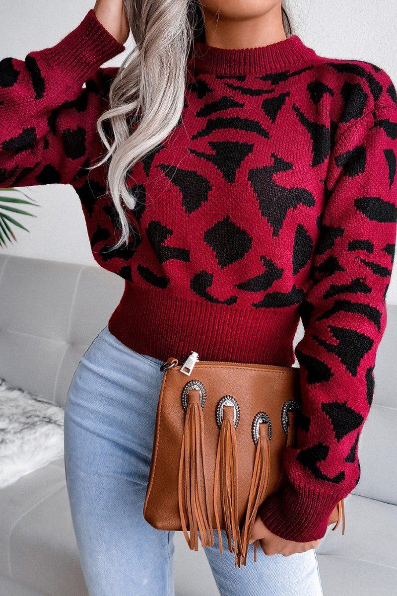 WOMEN CASUAL LEOPARD RIBBED WAIST KNIT SWEATER