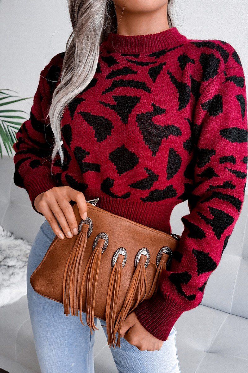 WOMEN CASUAL LEOPARD RIBBED WAIST KNIT SWEATER