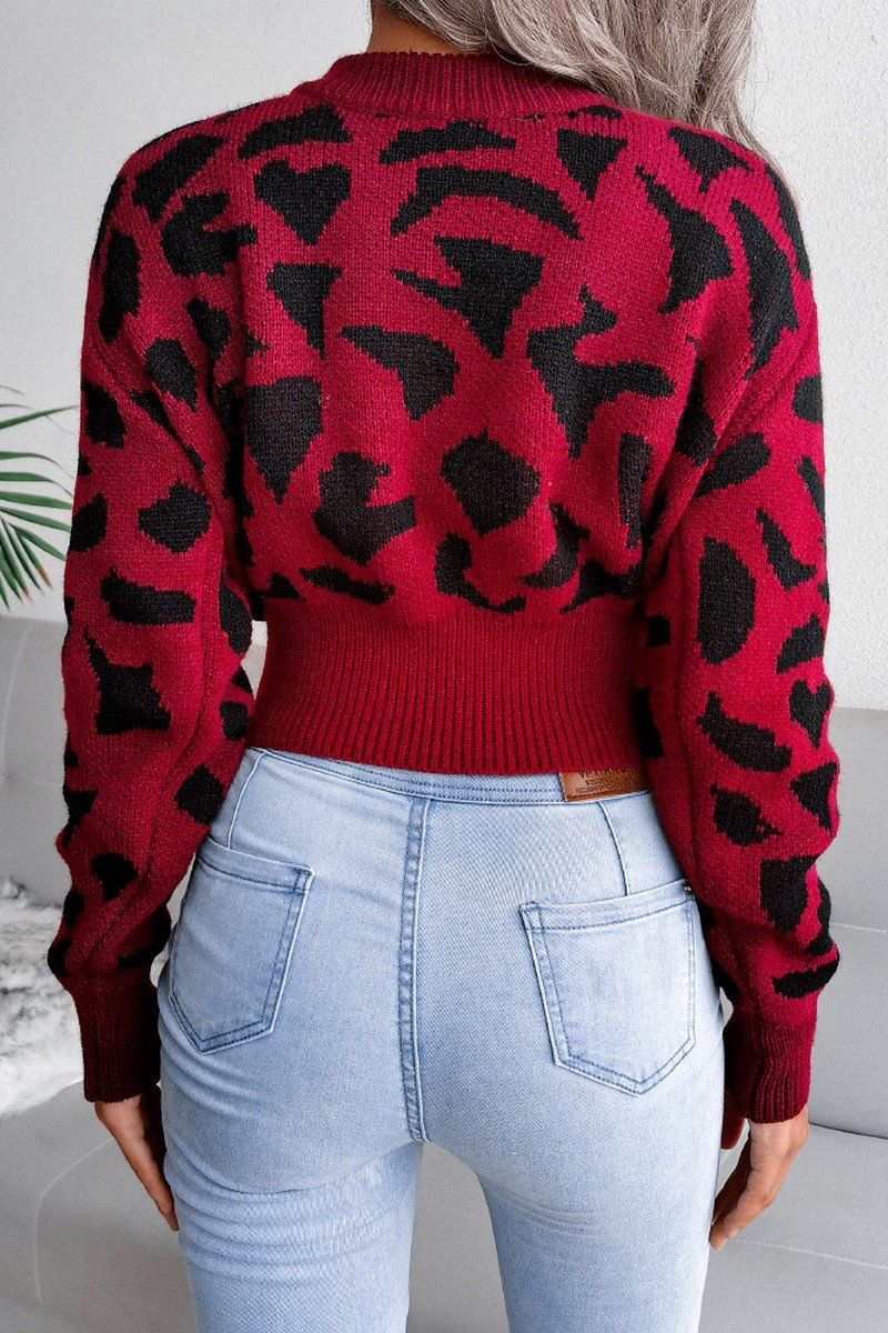 WOMEN CASUAL LEOPARD RIBBED WAIST KNIT SWEATER