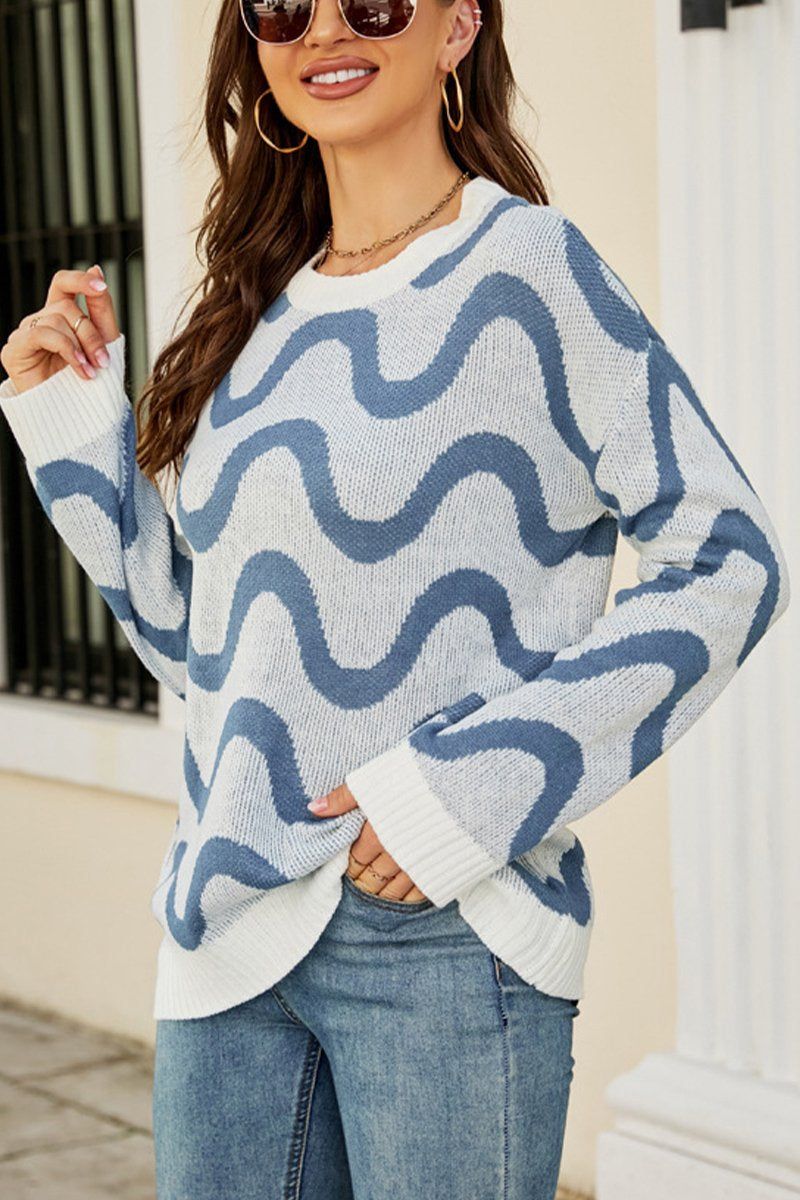 WAVE PATTERN OVERSIZED KNIT SWEATER FOR WOMEN