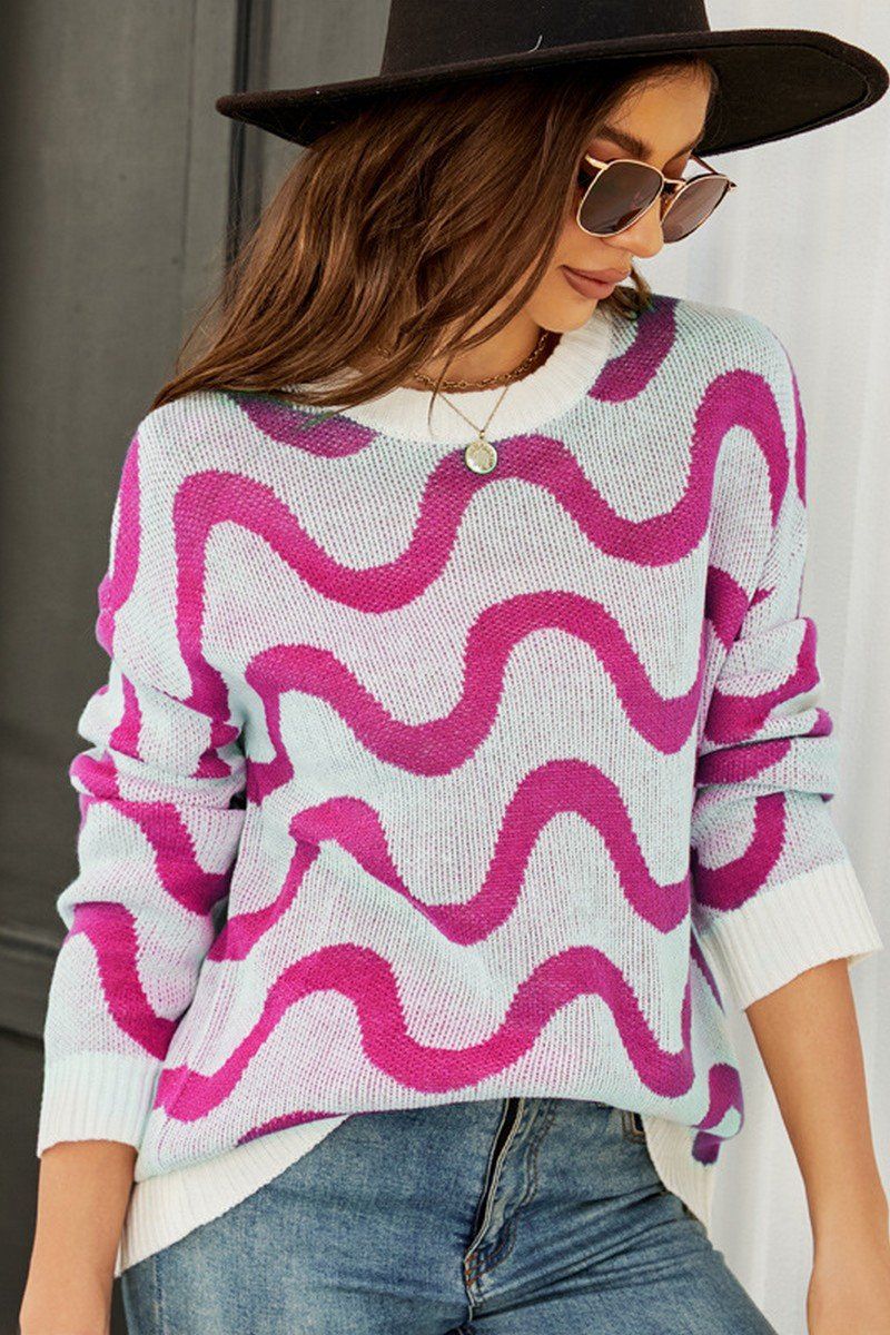 WAVE PATTERN OVERSIZED KNIT SWEATER FOR WOMEN