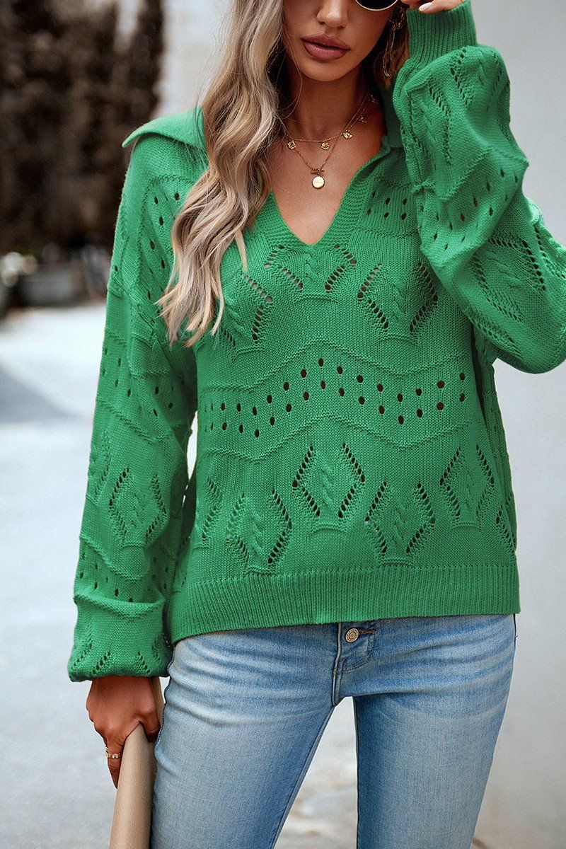 WOMEN EYELET KNITTED POLO NECK SWEATER