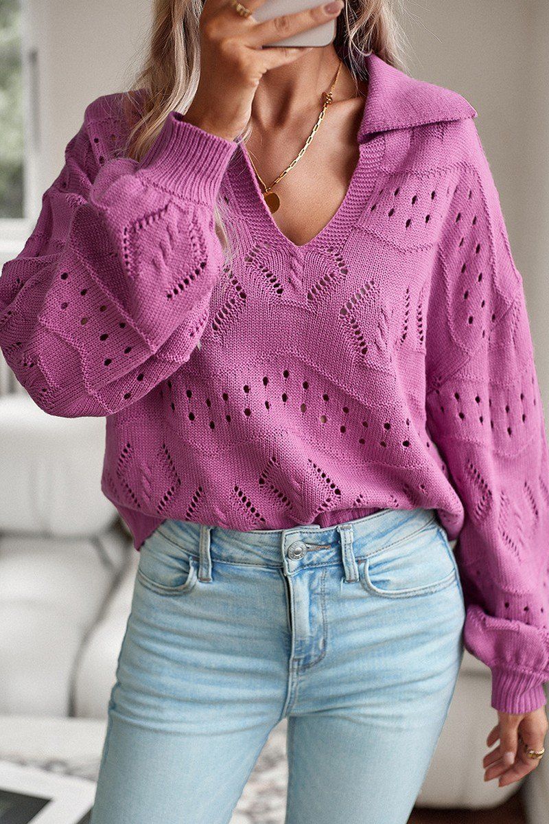 WOMEN EYELET KNITTED POLO NECK SWEATER