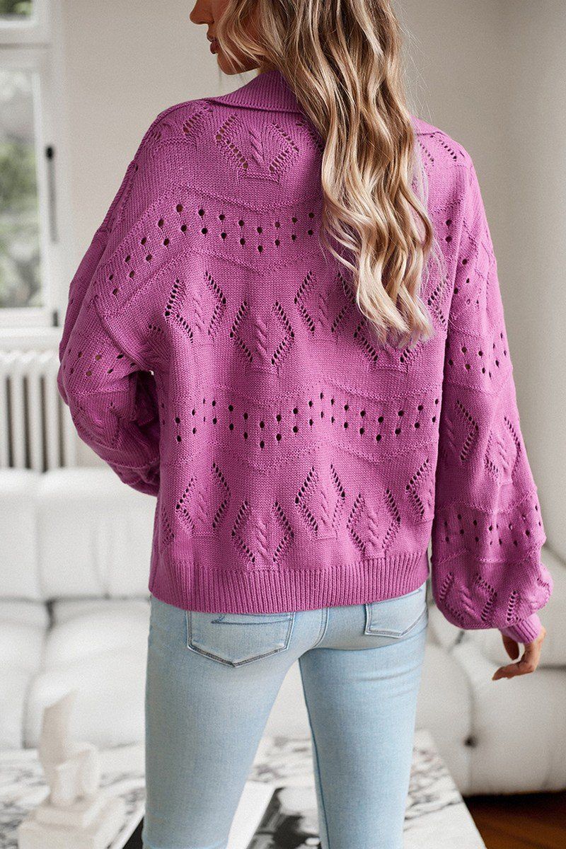 WOMEN EYELET KNITTED POLO NECK SWEATER