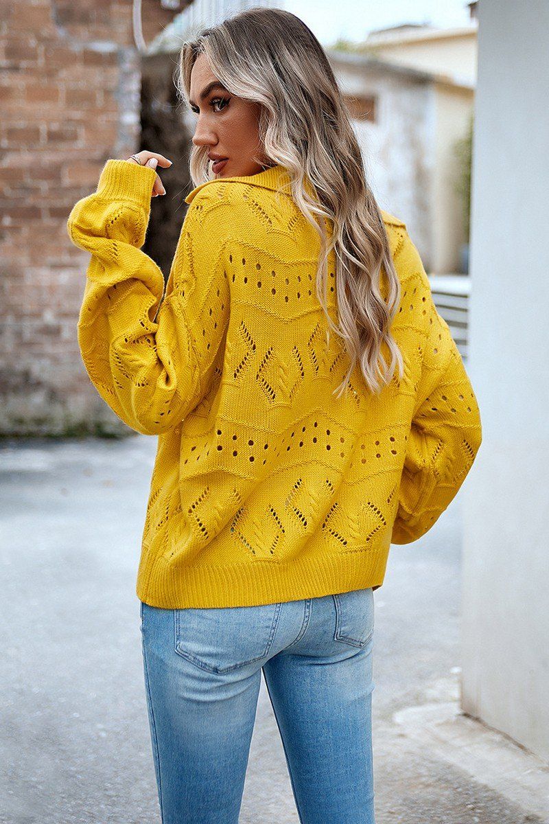 WOMEN EYELET KNITTED POLO NECK SWEATER