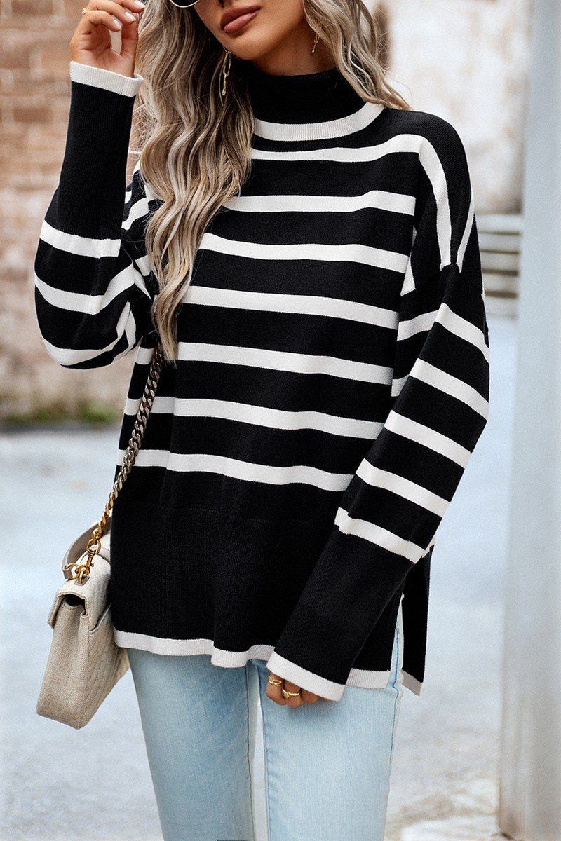 HIGH NECK STRIPE PATTERNED OVERSIZED PULLOVER